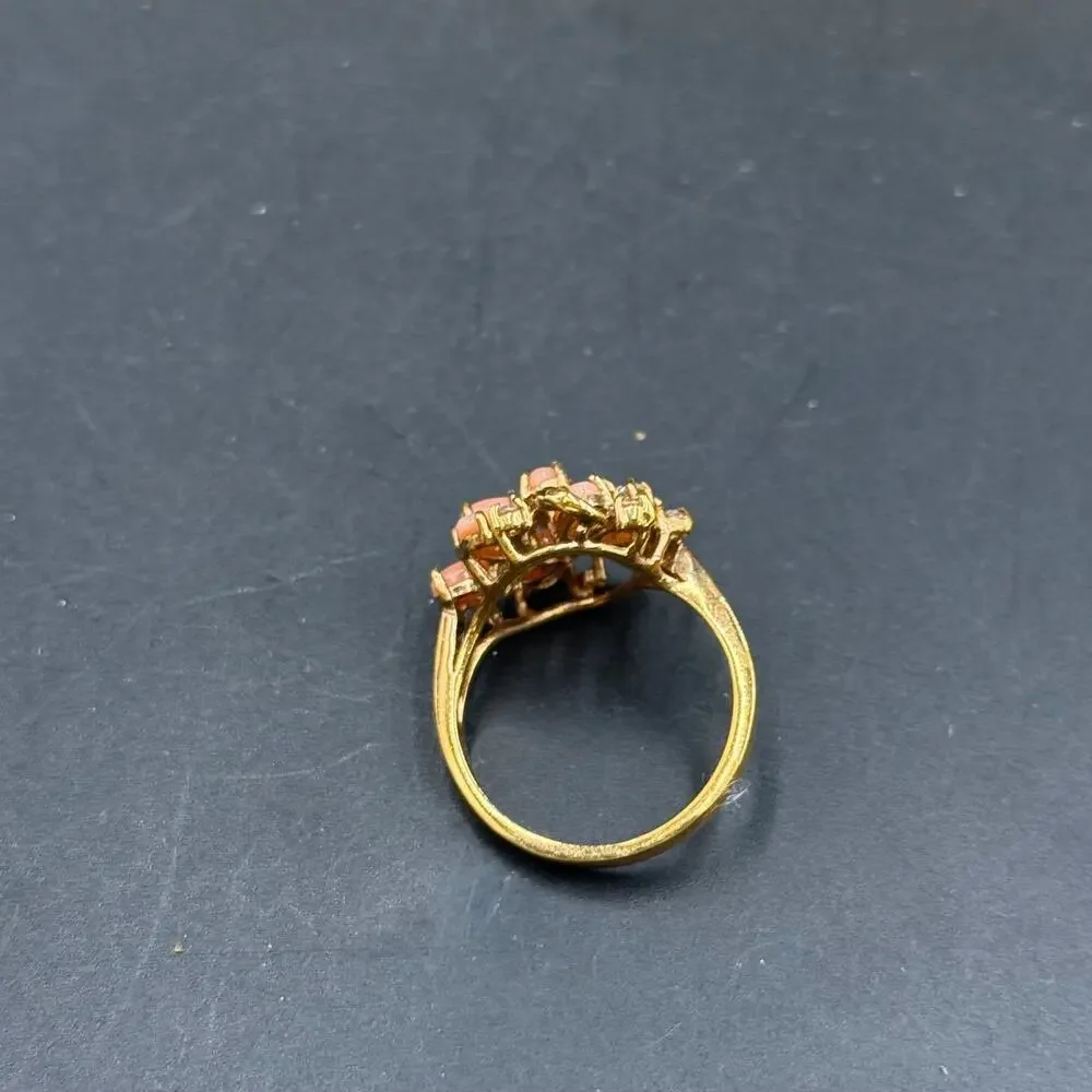 Vintage Cocktail Floral Cluster Ring Coral Cabochon Gold Tone